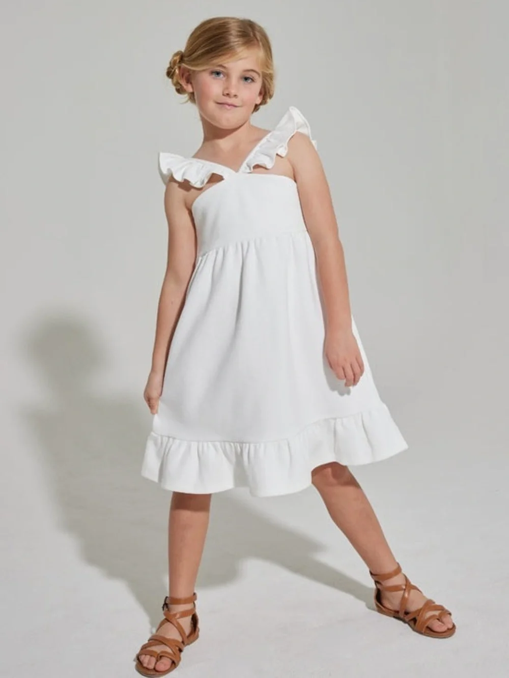 Bisby Girls Soho Dress Sleeveless Ruffle Straps Adjustable Buttons Size 12 White